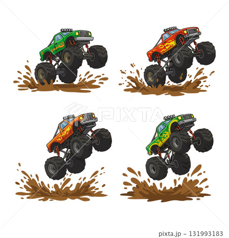 Monster trucks jumping and splashing mud in different colors green and orange vector illustration 131993183