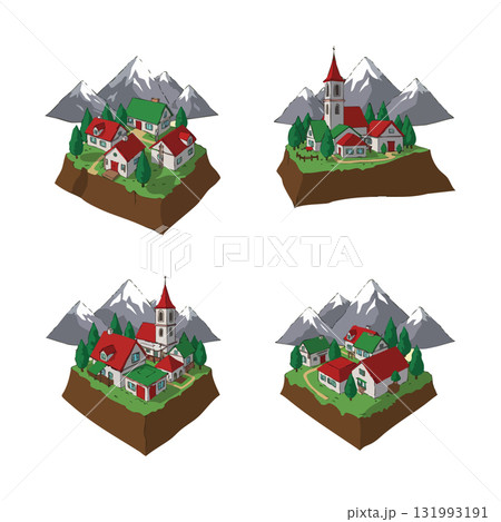 Mountain village illustrations with houses and church scenic nature landscape vector set Mountain village illustrations with houses and church scenic nature landscape vector set 131993191
