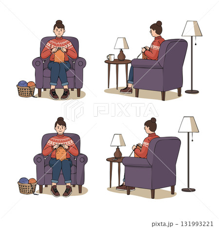 Woman Knitting Sweater in Cozy Room with Basket and Lamps Vector Illustration 131993221