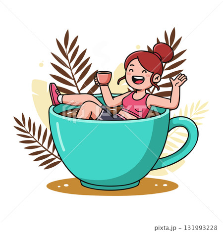 Woman Relaxing in Large Blue Coffee Cup Enjoying Drink and Leisure Time Vector Illustration Woman Relaxing in Large Blue Coffee Cup Enjoying Drink and Leisure Time Vector Illustration 131993228