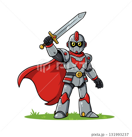 Robot warrior with red cape and sword standing on grass vector illustration 131993237
