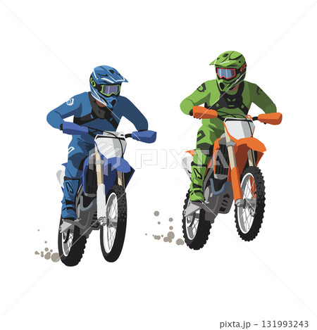 Two motocross riders in blue and green gear racing dirt bikes on white background vector illustration Two motocross riders in blue and green gear racing dirt bikes on white background vector illustration 131993243