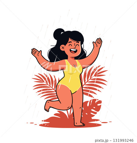 Woman enjoying rain in yellow swimsuit with tropical leaves background vector illustration Woman enjoying rain in yellow swimsuit with tropical leaves background vector illustration 131993246