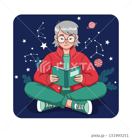 Elderly person reading book with star constellations and planets in space background vector illustration Elderly person reading book with star constellations and planets in space background vector illustration 131993251