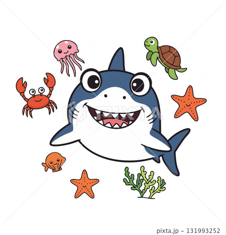 Cartoon shark surrounded by sea creatures including crab turtle jellyfish starfish and coral vector illustration Cartoon shark surrounded by sea creatures including crab turtle jellyfish starfish and coral vector illustration 131993252