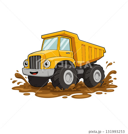 Yellow Construction Dump Truck Cartoon Vector Illustration in Muddy Environment 131993253
