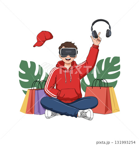 Young man using virtual reality headset with headphones and shopping bags vector illustration Young man using virtual reality headset with headphones and shopping bags vector illustration 131993254