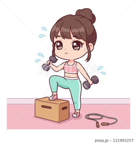 Young woman exercising with dumbbells and step box indoor fitness workout vector illustration Young woman exercising with dumbbells and step box indoor fitness workout vector illustration 131993257