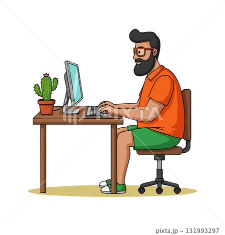 Man Working on Computer at Desk Wearing Orange Shirt and Green Shorts Vector Illustration 131993297