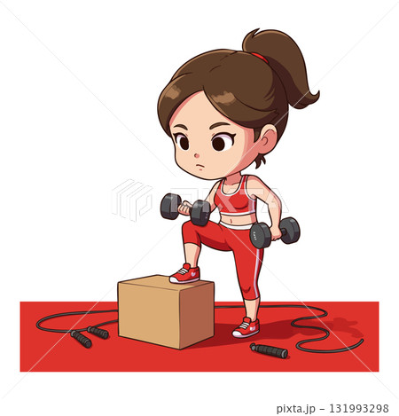 Woman Doing Step Exercise with Dumbbells and Jump Rope Fitness Training Vector Illustration 131993298