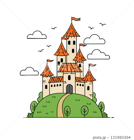 Medieval castle with orange roofs on green hill surrounded by clouds and birds vector illustration Medieval castle with orange roofs on green hill surrounded by clouds and birds vector illustration 131993304