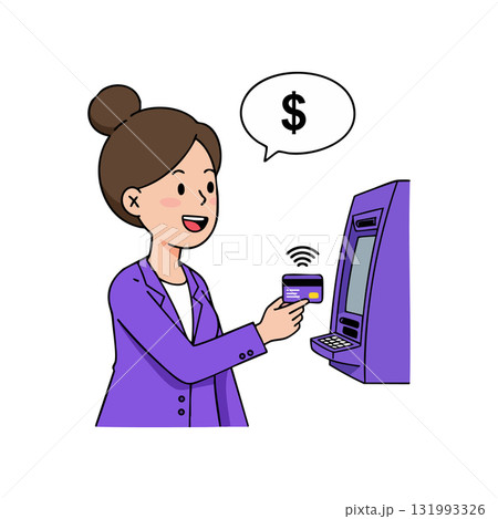 Woman using contactless payment card at purple ATM machine for financial transaction vector illustration 131993326