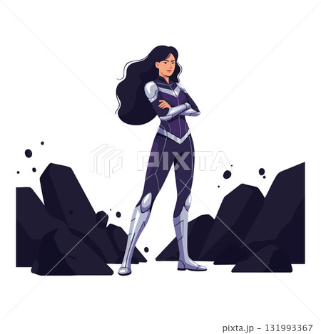 Female superhero warrior in futuristic armor standing confident with rocky background vector illustration 131993367
