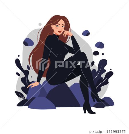 Woman in black bodysuit sitting on rocks with long brown hair vector illustration 131993375