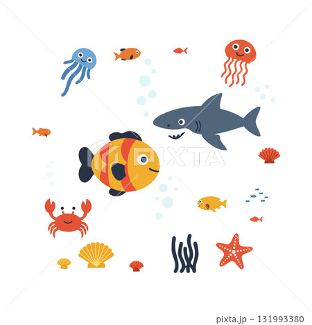 Colorful underwater sea life with fish, shark, jellyfish, crab, and starfish vector illustration Colorful underwater sea life with fish, shark, jellyfish, crab, and starfish vector illustration 131993380