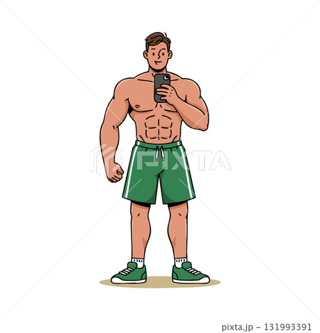 Muscular man taking selfie with smartphone in green shorts and sneakers vector illustration 131993391