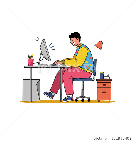 Young man working on computer at desk in colorful outfit vector illustration Young man working on computer at desk in colorful outfit vector illustration 131993402