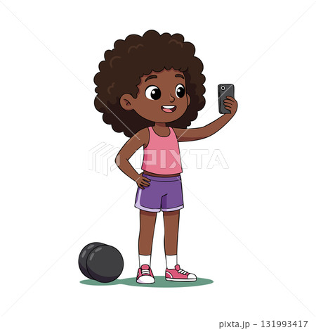 Young girl taking selfie with smartphone in casual sportswear vector illustration 131993417