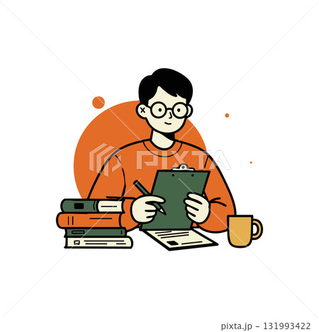 Student studying with clipboard and books in orange sweater vector illustration 131993422