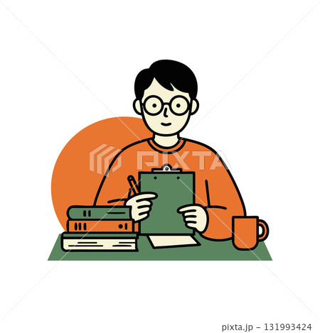 Student studying with books clipboard and coffee cup in minimalist style vector illustration Student studying with books clipboard and coffee cup in minimalist style vector illustration 131993424