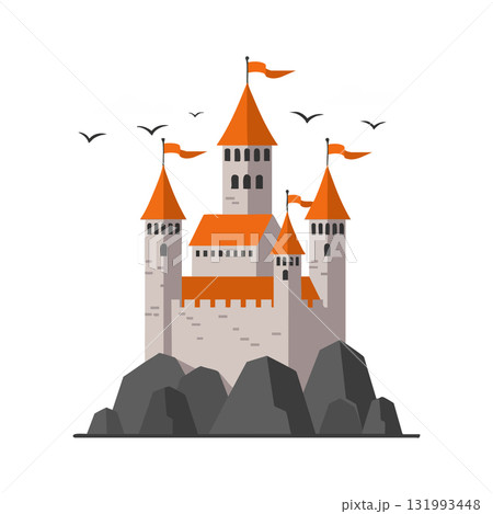 Medieval castle with orange roofs and flags on rocky hill vector illustration 131993448