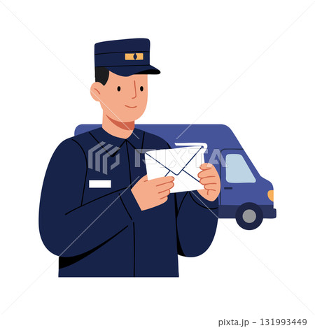Postal worker holding envelope with delivery truck in background vector illustration Postal worker holding envelope with delivery truck in background vector illustration 131993449