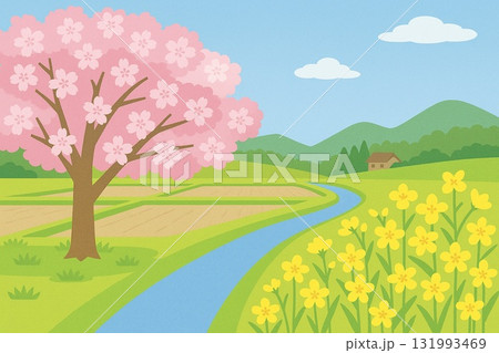 春の里山風景 桜 菜の花 せせらぎ ベクター 春の里山風景 桜 菜の花 せせらぎ ベクター 131993469