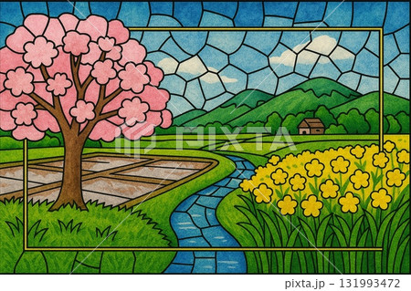 春の里山風景 桜 菜の花 せせらぎ ステンドグラス調 春の里山風景 桜 菜の花 せせらぎ ステンドグラス調 131993472