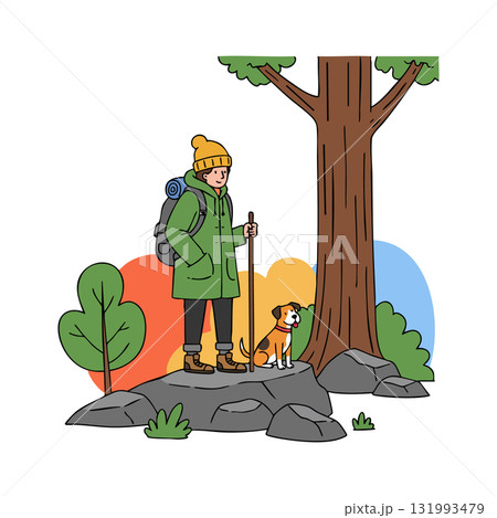 Hiker with dog standing on rock near tree in colorful background vector illustration Hiker with dog standing on rock near tree in colorful background vector illustration 131993479