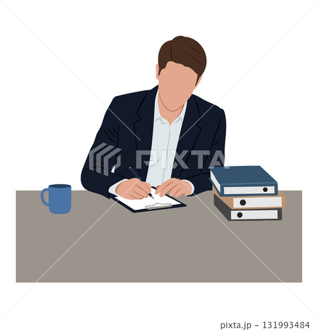 Man writing notes at desk with folders and coffee cup in office setting vector illustration Man writing notes at desk with folders and coffee cup in office setting vector illustration 131993484