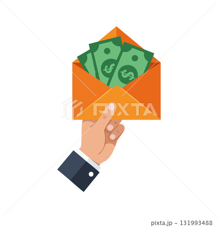Hand holding orange envelope with green dollar bills money financial concept vector illustration Hand holding orange envelope with green dollar bills money financial concept vector illustration 131993488