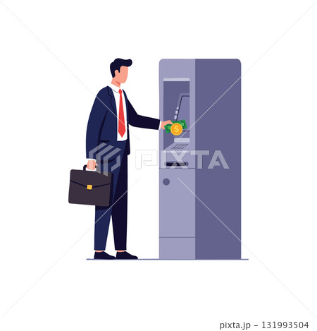 Businessman withdrawing cash from ATM machine in formal suit with briefcase vector illustration 131993504