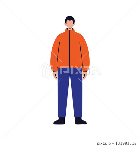 Man standing wearing orange jacket and blue pants vector illustration in minimal style 131993518