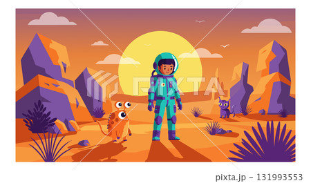 Astronaut and dog exploring orange rocky alien landscape under large sun vector illustration 131993553