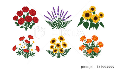 Various colorful flower bouquets with roses lavender sunflowers and marigolds vector illustration Various colorful flower bouquets with roses lavender sunflowers and marigolds vector illustration 131993555