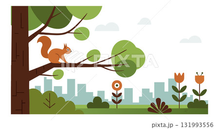 Squirrel on Tree Branch with Cityscape Background and Greenery Vector Illustration 131993556