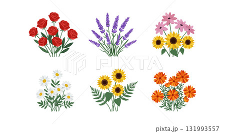 Colorful flower bouquets with roses lavender sunflowers daisies and marigolds floral vector illustration 131993557