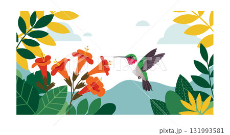 Hummingbird Feeding from Orange Flowers Surrounded by Green and Yellow Leaves in Nature Scene 131993581