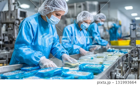 Food production workers in full sanitary clothing are preparing packaged meals on a conveyor belt, emphasizing hygiene, quality control, and industrial safety. AI Generated Food production workers in full sanitary clothing are preparing packaged meals on a conveyor belt, emphasizing hygiene, quality control, and industrial safety. AI Generated 131993664