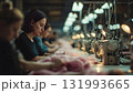 A skilled textile worker uses an industrial sewing machine, carefully guiding fabric for mass production, symbolizing manual labor and apparel manufacturing. AI Generated 131993665