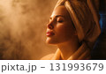 Woman with Therapeutic heat in the sauna relaxes muscles, relieving aches and pains. It opens pores for sweat purification, effectively cleansing the body of toxins AI Generated 131993679