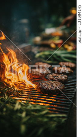 Grilling delicious burgers and vegetables at an outdoor gathering 131994145