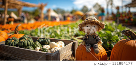 Festive harvest scene with scarecrow and pumpkins in a sunny field 131994177
