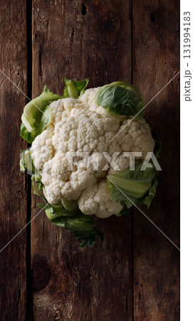 Fresh cauliflower surrounded by green leaves on rustic wooden surface 131994183
