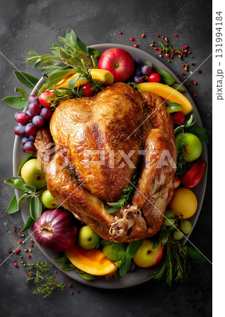 Roast turkey on a bed of fresh fruits and vegetables for a festive meal 131994184