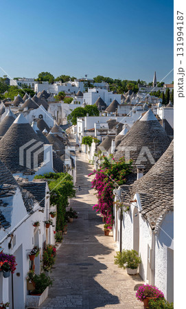Unique trulli houses of Alberobello under a bright blue sky 131994187