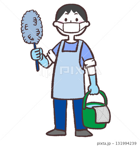 マスクをして掃除する男性のイラスト 131994239