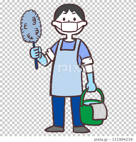 一名男子戴著口罩打掃的插圖 131994239