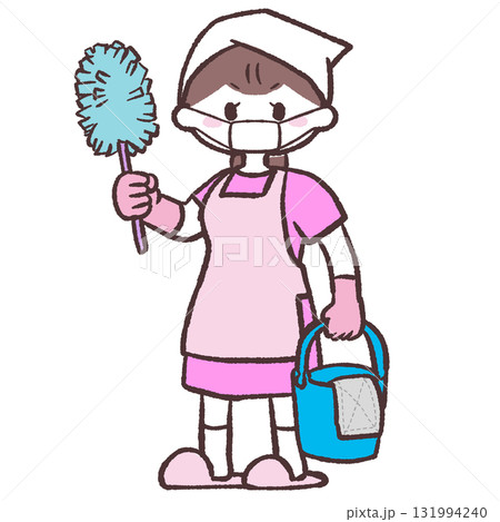マスクをして掃除をする女性のイラスト 131994240