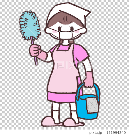 マスクをして掃除をする女性のイラスト 131994240